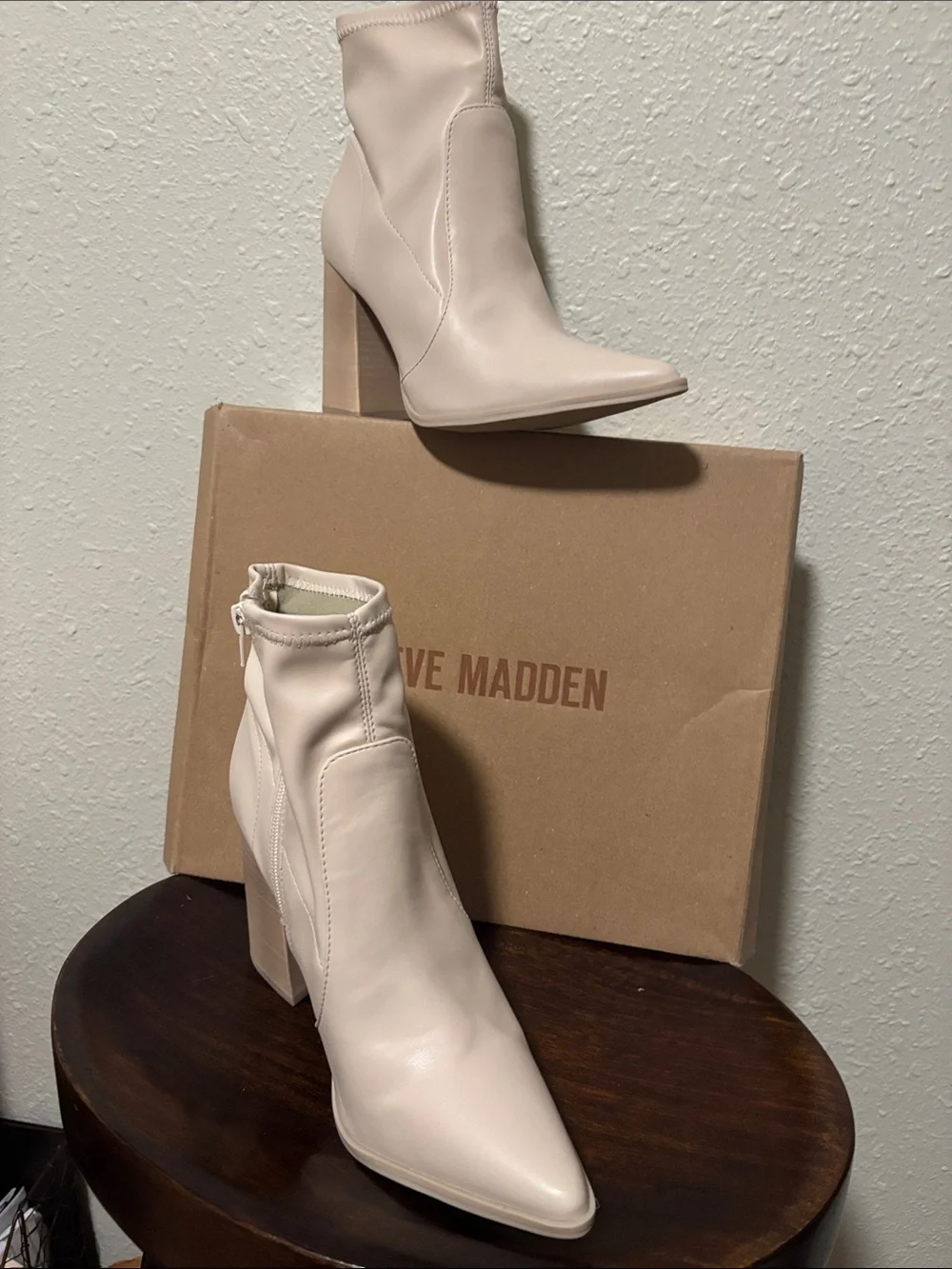 Steve Madden Cream Pointed Block Heel Ankle Boots